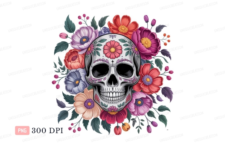 Skull decorated with colorful flowers floral ornate