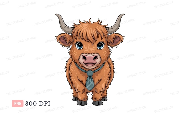 Fluffy brown cow wearing tie highland horns