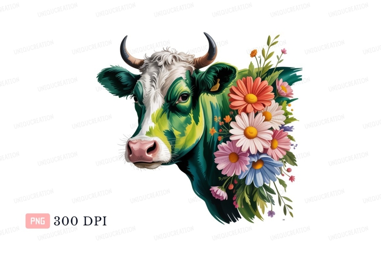 Green cow adorned with colorful flowers white pink