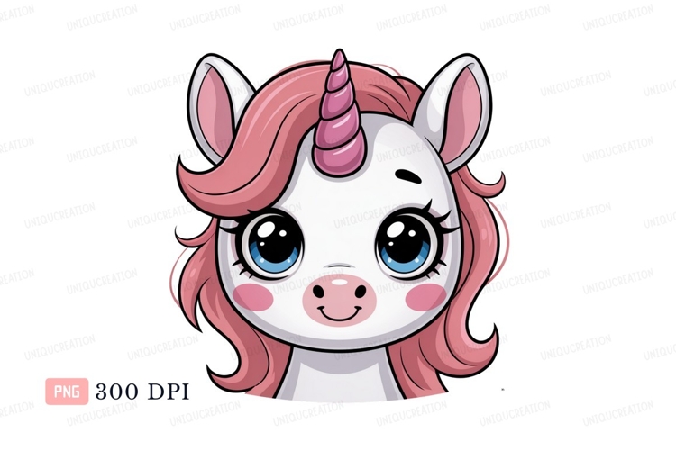 Cute unicorn face pink mane blue eyes fantasy mythical