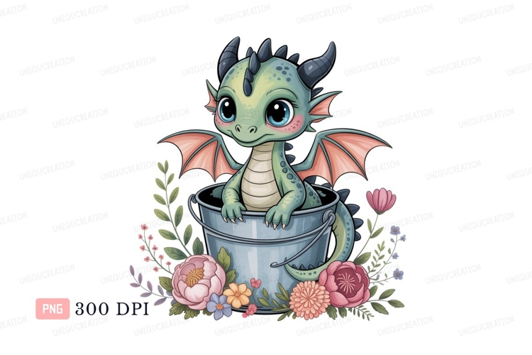 Cute green dragon in bucket with flowers image