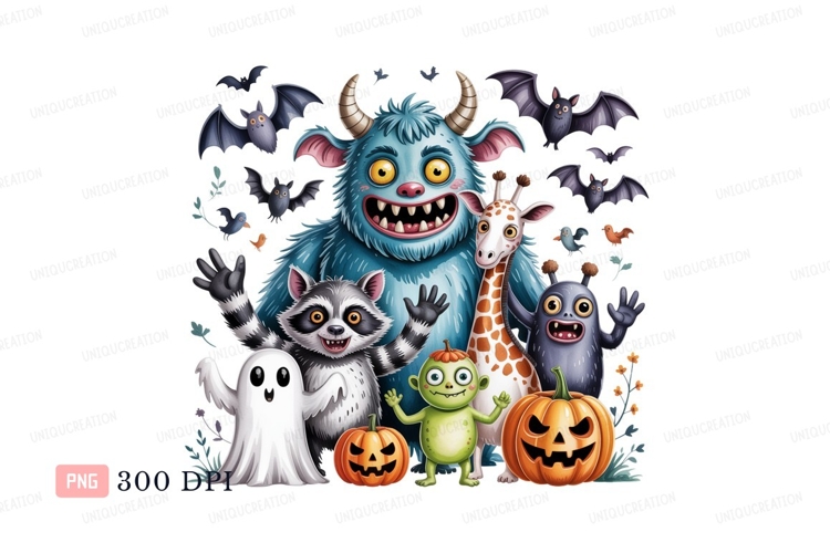 Cute Halloween Monsters Giraffe Raccoon Ghost Pumpkin Bats