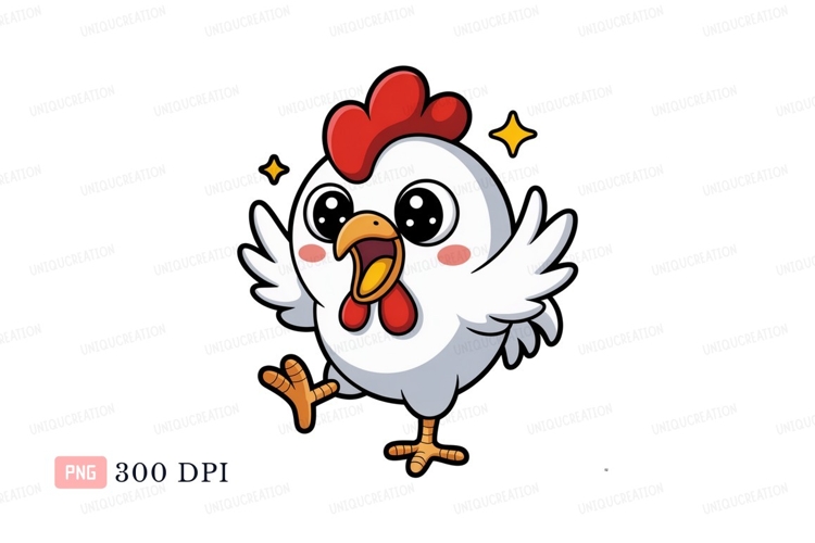 Cute white chicken with red comb and wattle yellow