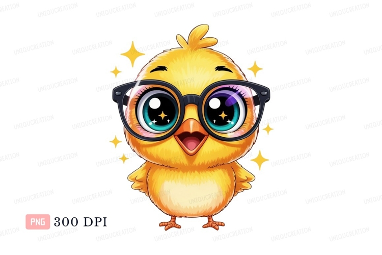 Adorable yellow chick wearing glasses cute stars