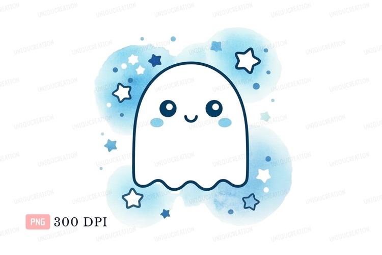 Cute ghost surrounded by blue clouds and stars image