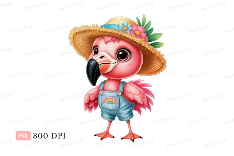 Pink flamingo wearing straw hat and overalls bird