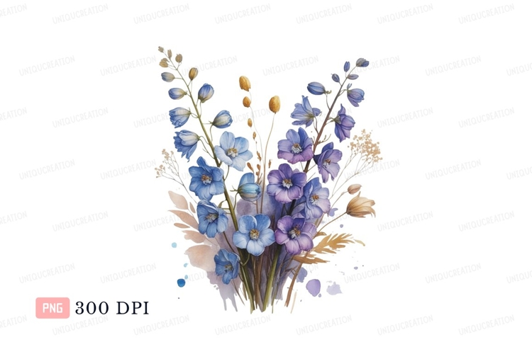 Blue purple floral bouquet watercolor image example image 1