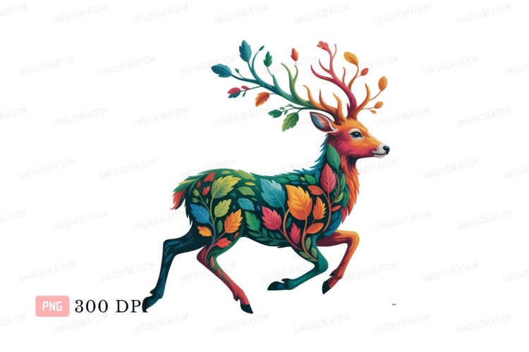 Colorful floral deer illustration leaves nature