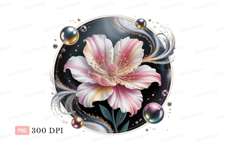 Delicate flower with iridescent bubbles pink white