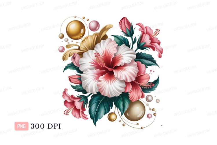 Tropical hibiscus floral arrangement pearls pink white