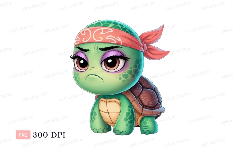 Grumpy turtle wearing pink bandana cartoon