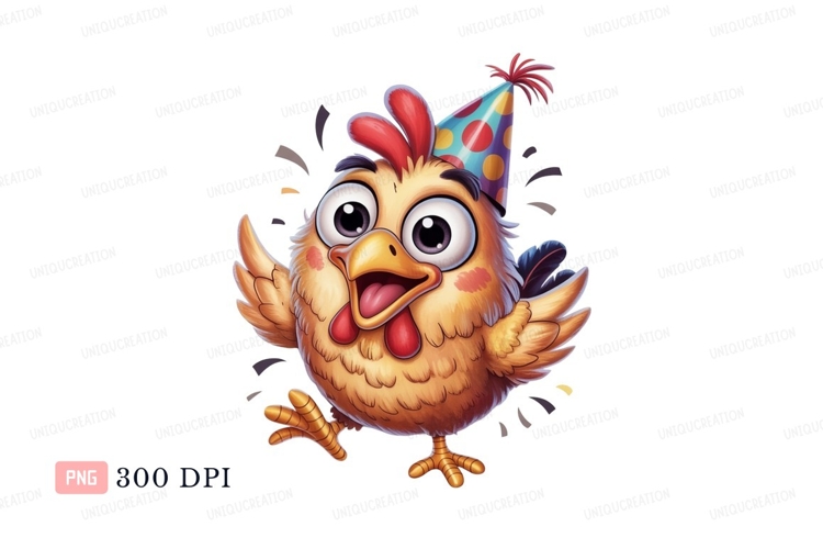 Cheerful chicken wearing party hat celebration