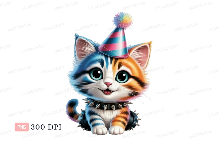 Colorful cat wearing party hat and spiked collar kitten