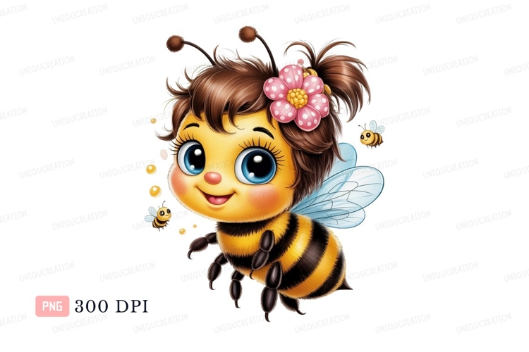 Cute bee with flower and smaller bees insect animal
