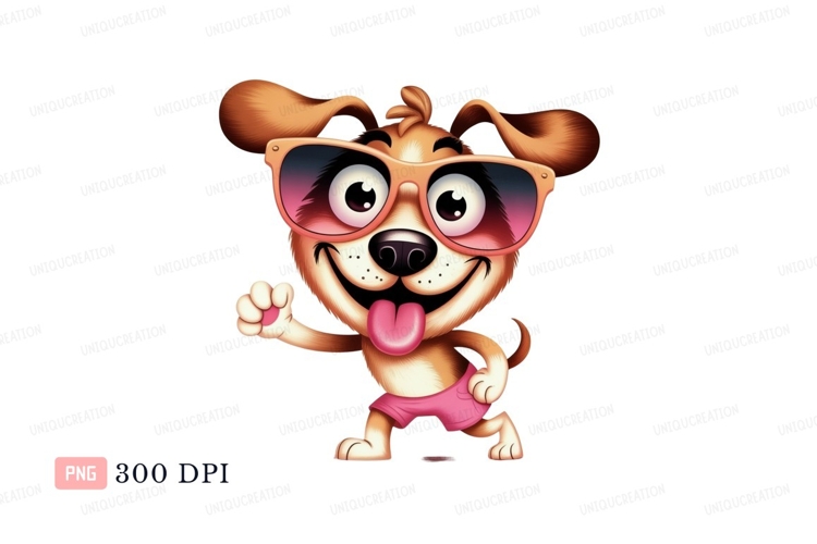 Happy dog wearing sunglasses and pink shorts image