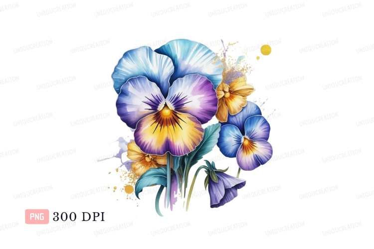 Colorful pansies watercolor splash flowers purple