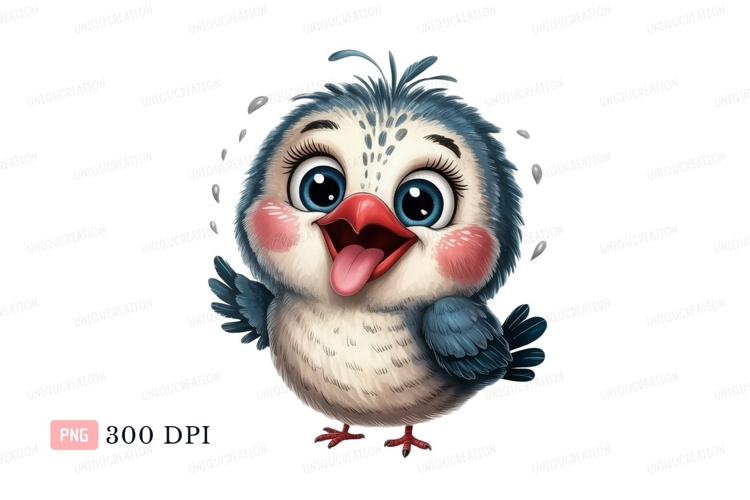 Fluffy blue bird with big eyes and tongue out cartoon