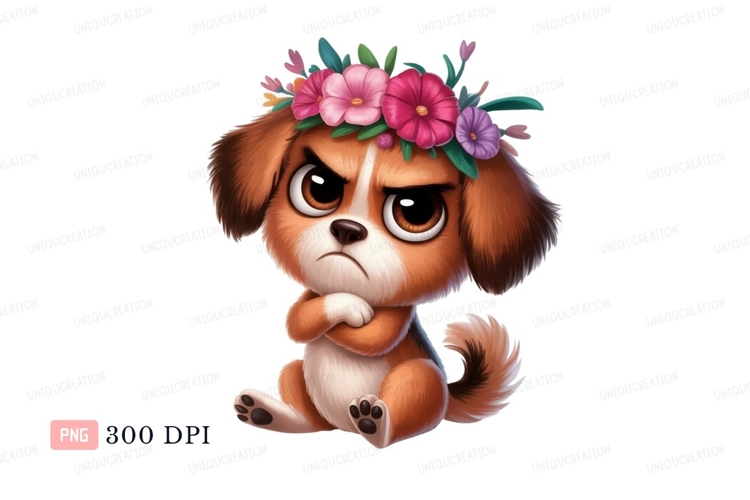 Grumpy puppy wearing flower crown image