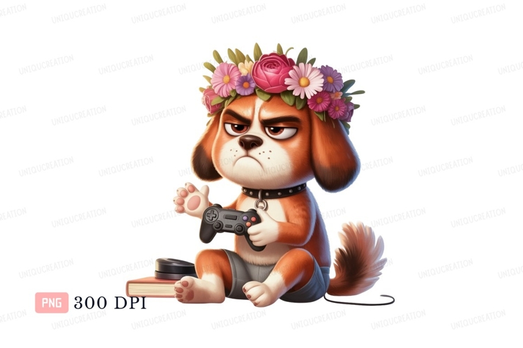 Grumpy dog playing video games wearing flowers gaming