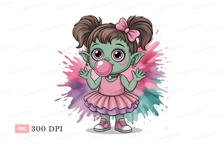 Green goblin girl blowing pink bubblegum tutu