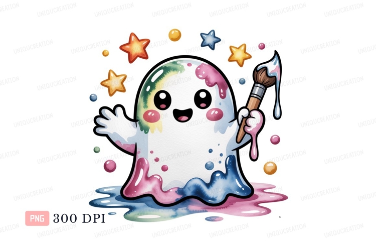 Cheerful ghost painting with colorful paint brush