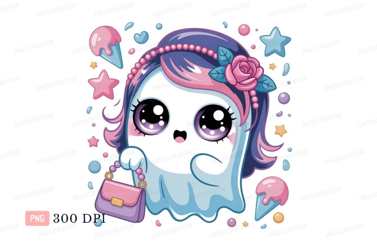 Cute ghost girl with purse and ice cream kawaii