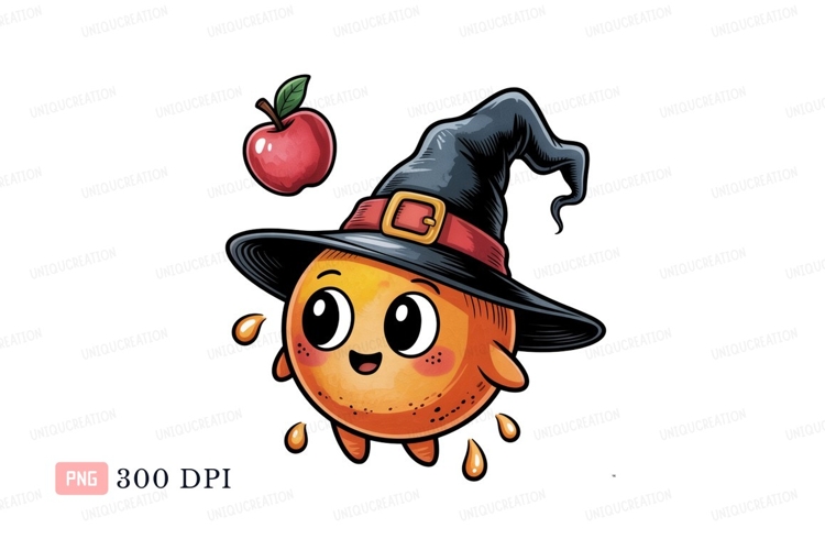 Orange character wearing witch hat with apple image