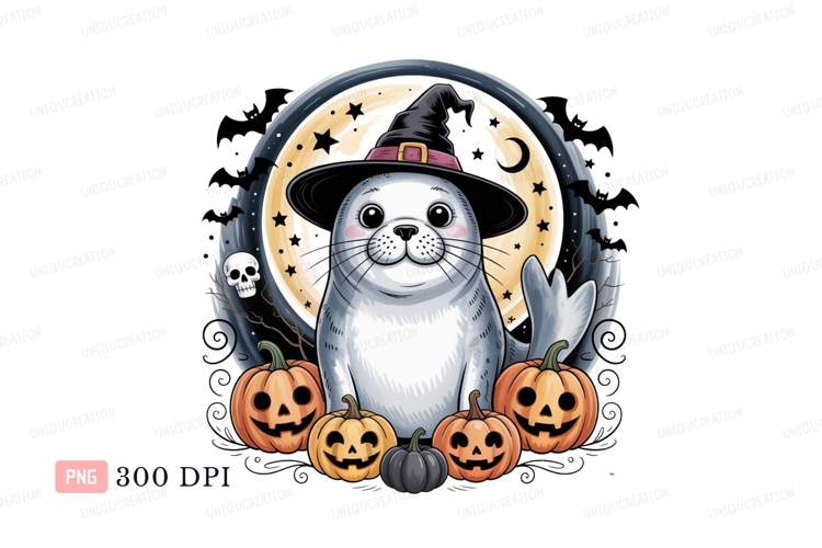 Cute seal wearing witch hat with pumpkins halloween