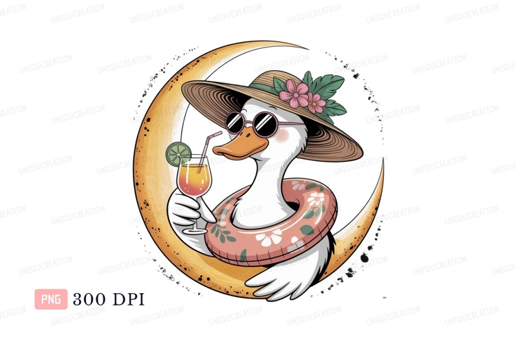 Duck wearing hat and sunglasses holding cocktail drink