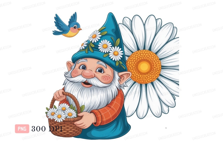 Cheerful gnome holding flower basket with bird and daisy