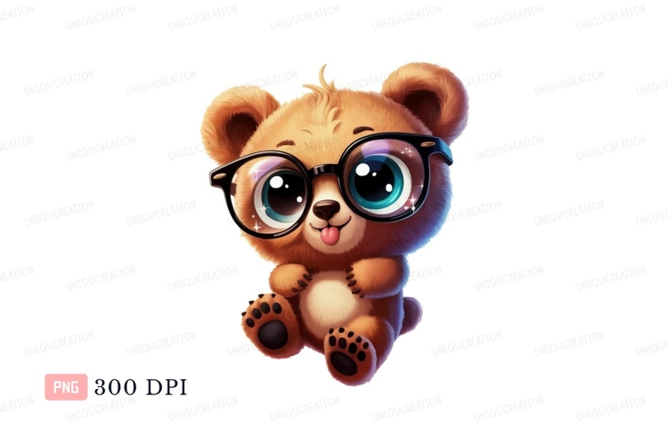 Brown bear with big blue eyes and glasses cute