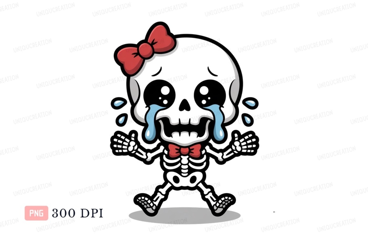 Sad skeleton crying red bows image