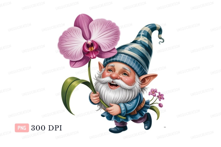 Cheerful gnome holding pink orchid flower blue