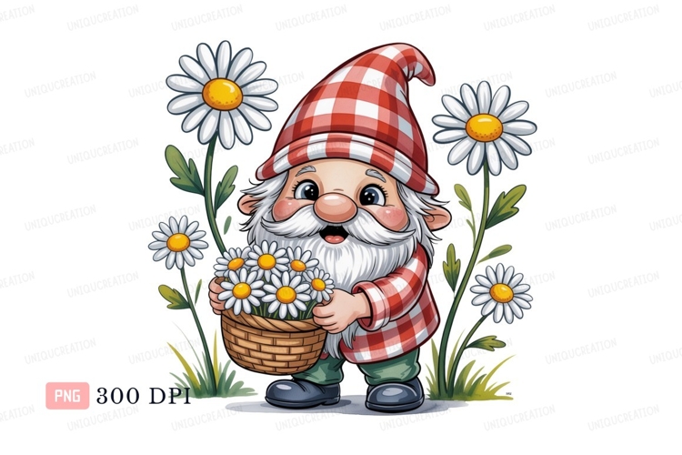 Cheerful gnome holding daisies basket daisy flower