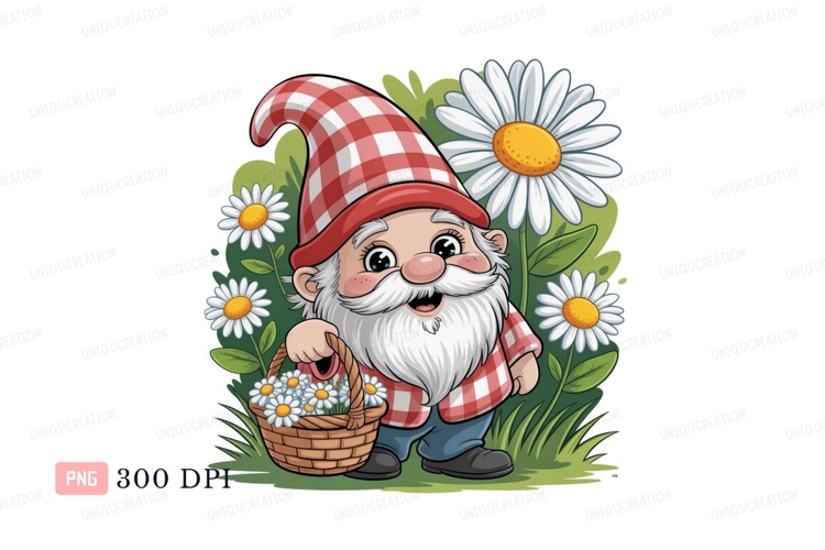Cheerful gnome holding basket of daisies daisy flower