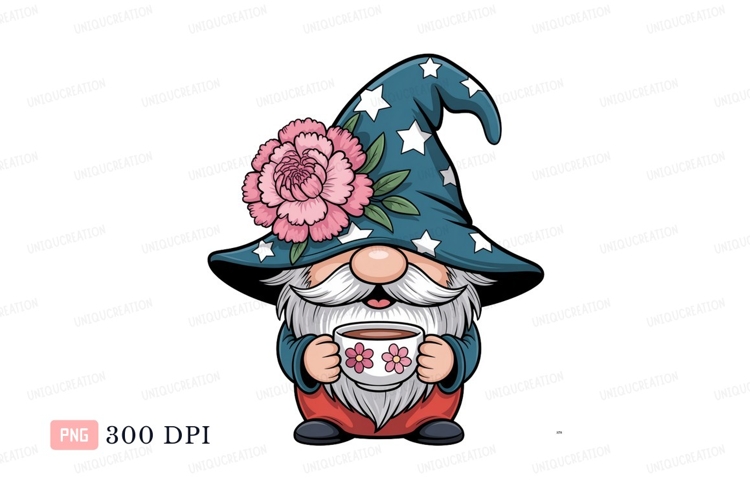 Gnome holding floral cup wizard stars
