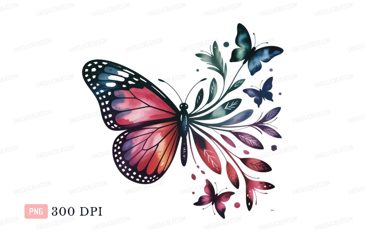 Watercolor butterfly with floral elements pink purple