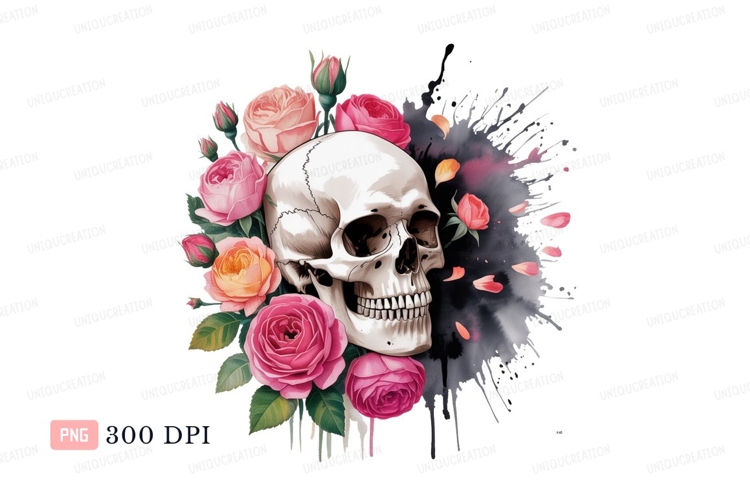 Skull surrounded by pink and orange roses flowers