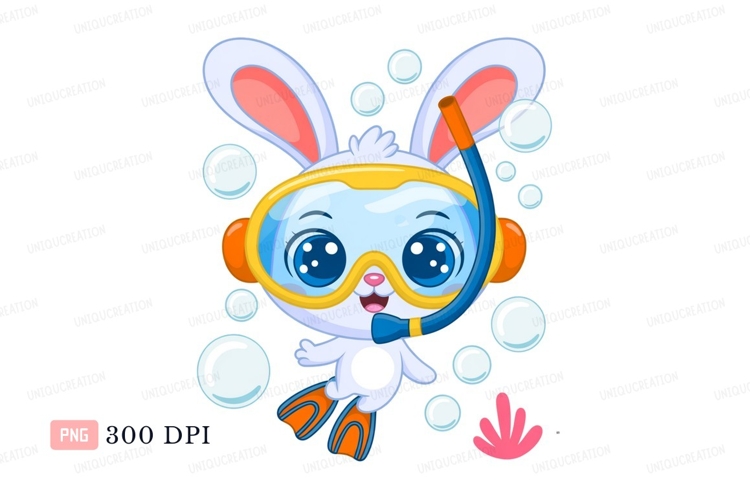 Cute bunny diver with snorkel and fins rabbit snorkeling