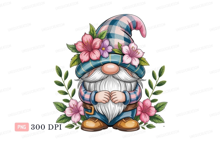 Gnome wearing plaid hat with flowers pink