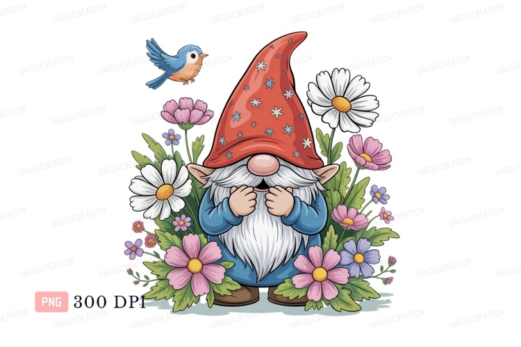 Gnome surrounded by colorful flowers and bird blue