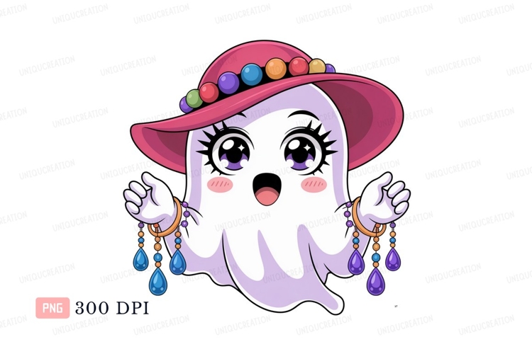 Cute ghost wearing hat and jewelry cartoon halloween