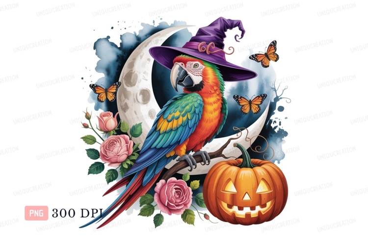 Colorful parrot witch hat moon pumpkin image