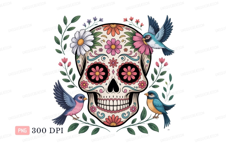 Decorated skull with birds and flowers colorful decorative