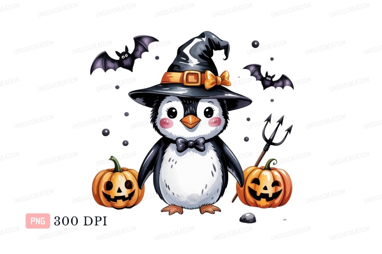 Penguin witch with pumpkins and bats image