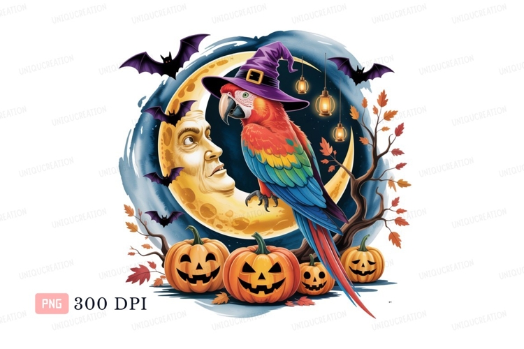 Parrot Halloween Moon Bats Pumpkins image
