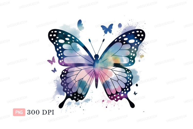 Watercolor butterfly with splatters blue purple