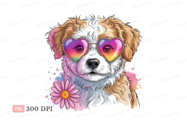 Fluffy dog wearing heart shaped sunglasses puppy rainbow
