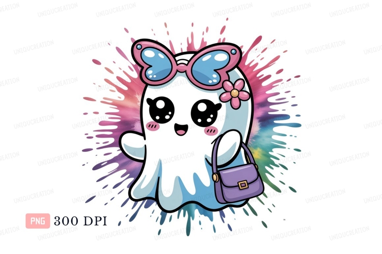 Cute ghost wearing sunglasses and carrying handbag