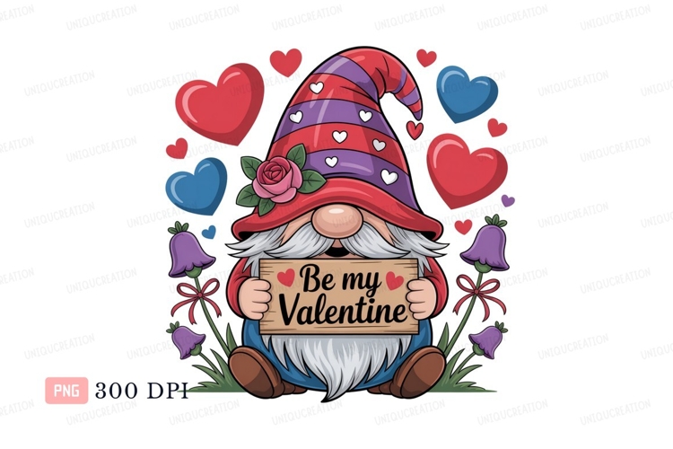 Gnome holding valentine sign with hearts and flowers